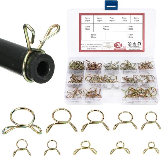 Slangklemmen voor brandstofslang, 120 stuks, 5-14 mm, veerklemmen, enkele draad, slangklemmen voor benzine-, lucht- en waterleidingen (10 maten)
