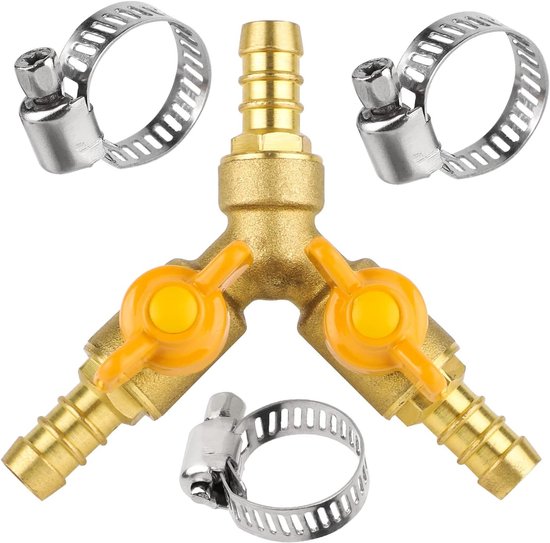 Slangverbinder met Afsluitkraan en Verdeler - Messing Kogelkraan - Waterslangaansluiting - 3 Slangklemmen - Slangtuit 10-11mm