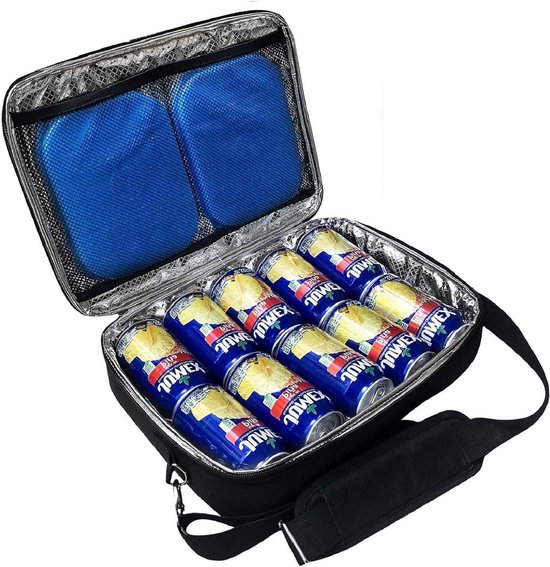 Slanke koelbox voor 10 drankblikjes - isolerende platte koeltas met 2 gratis ijspakketten - perfect voor biervervoer in rugzak van Merkloos