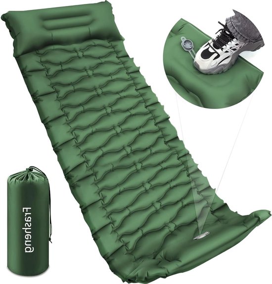 Sleeping Mat Self Inflating Camping - Outdoor Inflatable Air Mattress Ultralight Waterproof Mattress - Foot Pump and Cushion for Outdoor Green