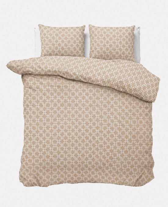 SLEEPIO Soft Cotton - Dekbedovertrekset 160x220 cm inclusief Laken 160x240 cm - 2 Kussenslopen 50x70 cm - Beige Geometrisch