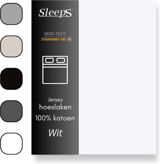 Sleeps Jersey Stretch Hoeslaken - 100% Katoen - 200x200/220 cm - Wit - Strijkvrij van Sleeps