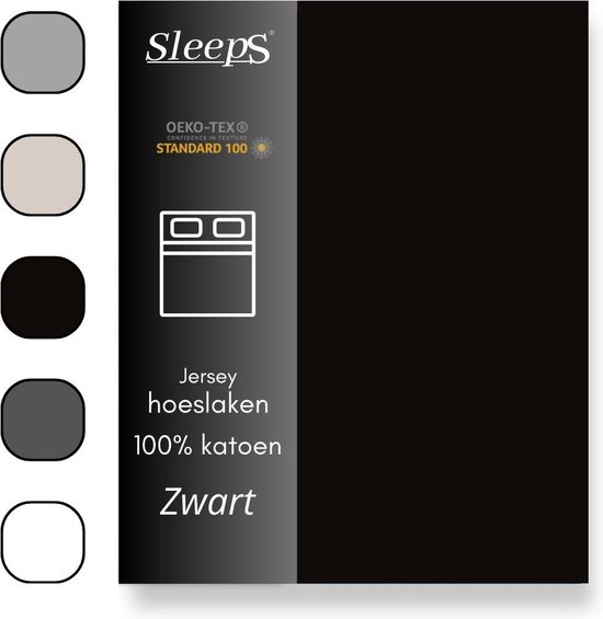 Sleeps Jersey Stretch Hoeslaken - 100% Katoen - 200x200/220 cm - Zwart - Strijkvrij van Sleeps