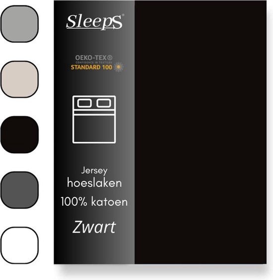 Sleeps Jersey Stretch Hoeslaken - 100% Katoen - 90x220 cm - Zwart - Strijkvrij van Sleeps