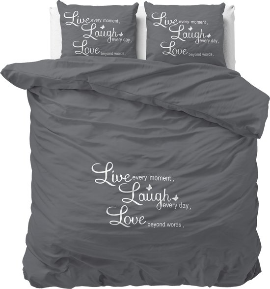 Sleeptime Live, laugh and love Dekbedovertrek - 200x200/260 + 2 kussenslopen 60x70 - Antraciet - Tweepersoons van Sleeptime