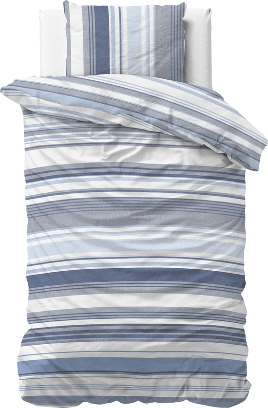 Sleeptime Stripy Dekbedovertrek - 140X200/220 + 1 x kussensloop 60x70 - Blauw van Merkloos