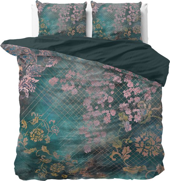 Sleeptime Tiran Flower Dekbedovertrekset - Tweepersoons - 200x200/220 + 2 kussenslopen 60x70 - Groen van Sleeptime