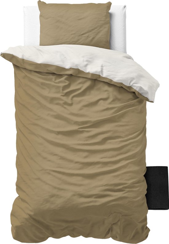 Sleeptime Twee Kleuren Dekbedovertrek - 140x200/220 + 1 kussensloop 60x70 - Creme/Taupe - Eenpersoons van Merkloos