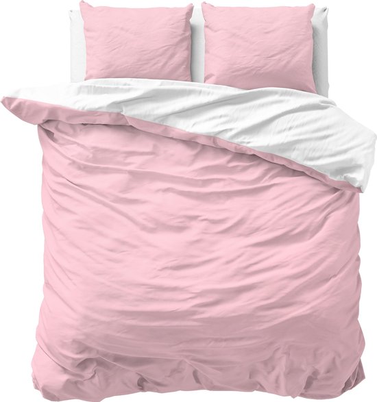 Sleeptime Twee Kleuren Dekbedovertrek - 200x200/220 + 2 kussenslopen 60x70 - Roze/Wit - Tweepersoons van Merkloos