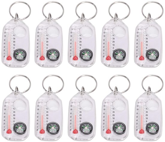 Sleutelhanger Kompas Thermometer - Outdoor Navigatie Tool - Buiten Avonturen - Inclusief Vergrootglas - 10 stuks - Wit