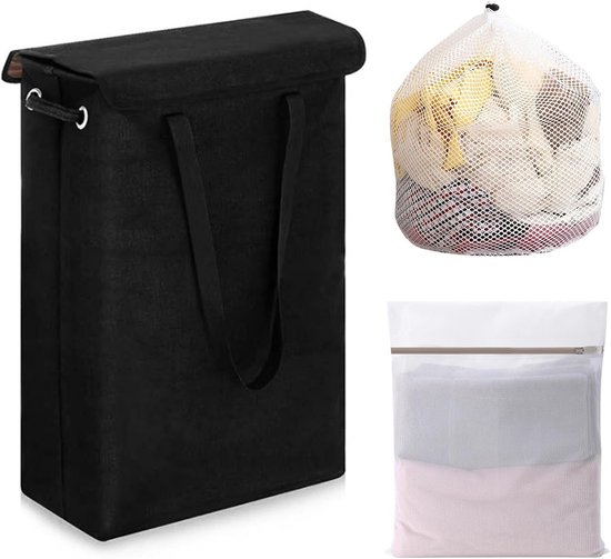 Smalle Opvouwbare Wasmand Zwart met Deksel en Handvat - 45 Liter