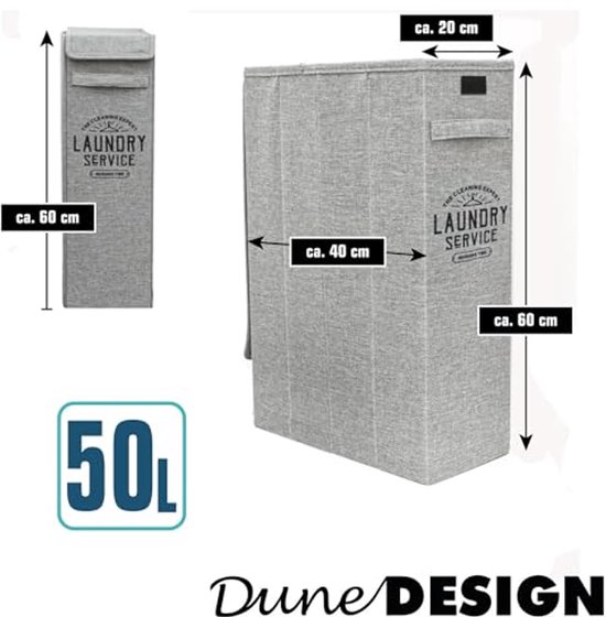 Smalle Wasmand met Deksel 50L - Compacte Opbergbox voor Vuile Was - 20x40x60 cm - Opvouwbare Waskorf in Grijs