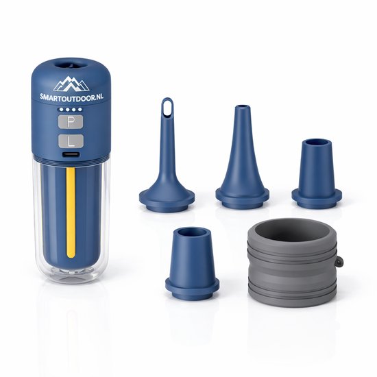 SmartOutdoor zero Mini Luchtpomp X4 Blauw met LED Lamp – Oplaadbaar & Draagbaar – Elektrische Luchtbed Pomp – Inclusief 5 Opzetstukken – Voor Camping, Zwemband & Luchtbed en vacuum zakken