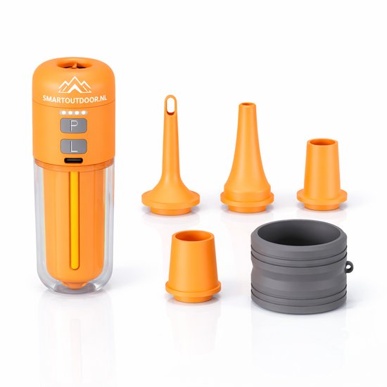 SmartOutdoor zero Mini Luchtpomp X4 Oranje met LED Lamp – Oplaadbaar & Draagbaar – Elektrische Luchtbed Pomp – Inclusief 5 Opzetstukken – Voor Camping, Zwemband & Luchtbed en vacuum zakken van Merkloos