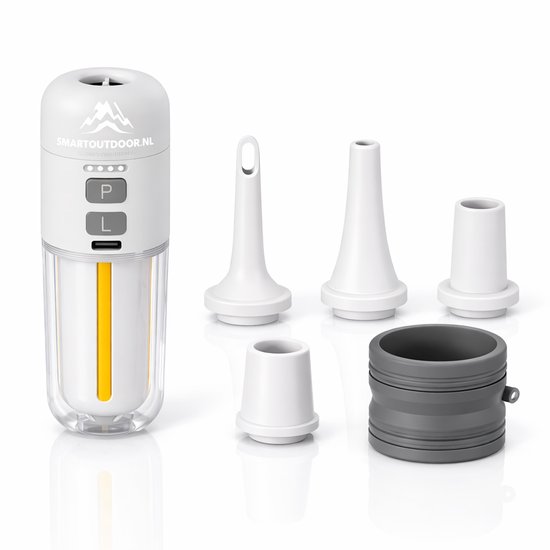 SmartOutdoor zero Mini Luchtpomp X4 Wit met LED Lamp – Oplaadbaar & Draagbaar – Elektrische Luchtbed Pomp – Inclusief 5 Opzetstukken – Voor Camping, Zwemband & Luchtbed en vacuum zakken van Merkloos