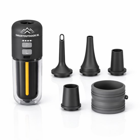 SmartOutdoor zero Mini Luchtpomp X4 Zwart met LED Lamp – Oplaadbaar & Draagbaar – Elektrische Luchtbed Pomp – Inclusief 5 Opzetstukken – Voor Camping, Zwemband & Luchtbed en vacuum zakken van Merkloos