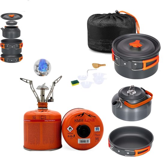 SMH LINE® Camping kookgerei set - Pannenset - Incl. Kooktoestel en 2 Gas van SMH LINE®