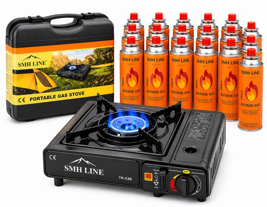 SMH LINE Camping kooktoestel - Incl. 16x Gasflessen - Draagbaar Gasfornuis - Koffer - Noodpakket van Merkloos
