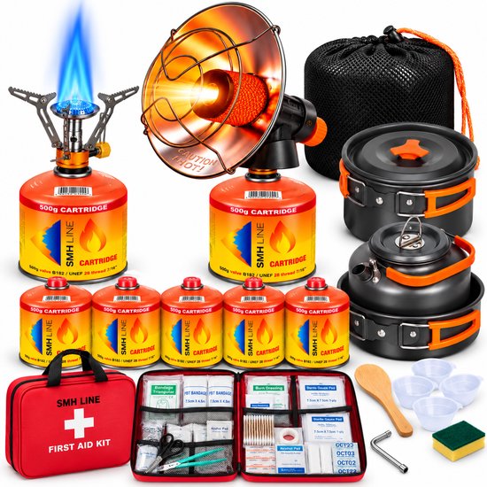 SMH LINE® Complete Camping Set - EHBO tas, Gaskachel, Gasbrander & Pannenset - Incl. 4x 500g Gascartridges - Kookset voor Outdoor & Kamperen