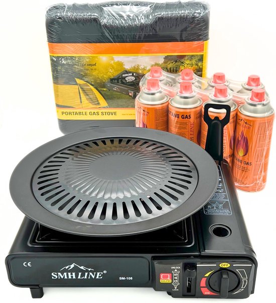 SMH LINE® Draagbaar Camping kooktoestel - Incl. Grillplaat en 8x Gasflessen van SMH LINE®