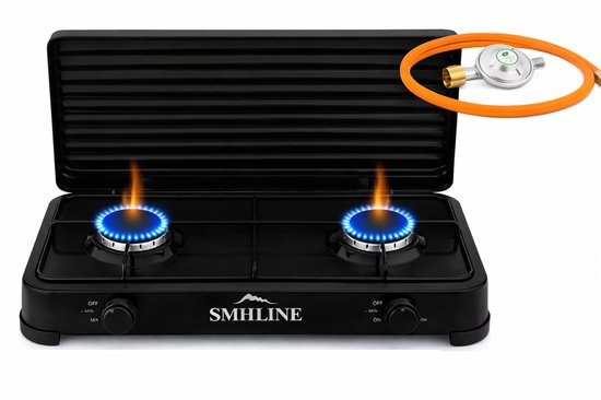 SMH LINE® Gas kooktoestel 2 pits XL - Camping kooktoestel - Gaskomfoor - Incl. Gasslang set - Zwart van Merkloos