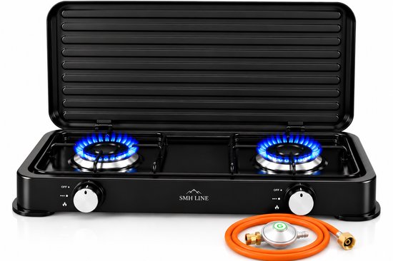 SMH LINE® Gas kooktoestel 2 pits XL - Camping kooktoestel - Gaskomfoor - Incl. Gasslang set - Zwart