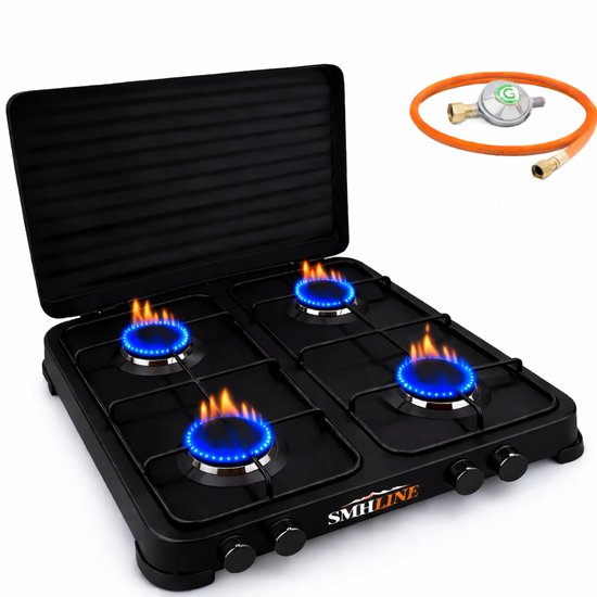 SMH LINE® Gas kooktoestel 4 pits - Camping kooktoestel - Gaskomfoor - Incl. Gasslang set - Zwart van Merkloos