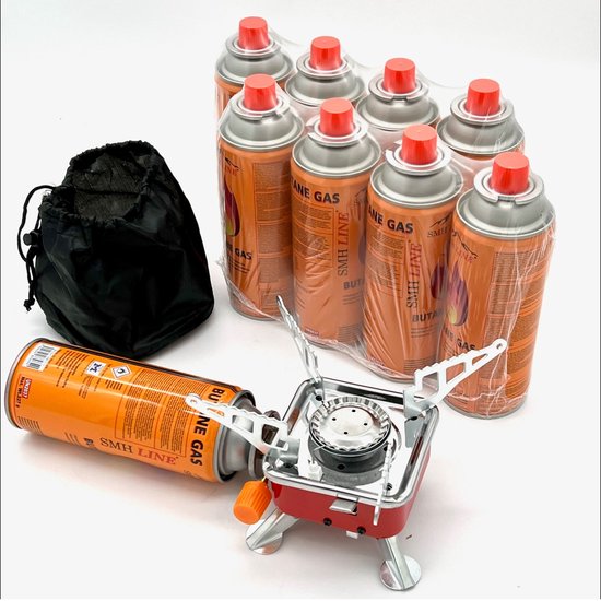SMH LINE® Mini Camping kooktoestel - Gasbrander - Opvouwbaar - Incl. 8x gasflessen van SMH LINE®