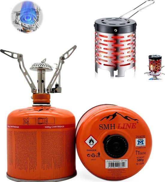 SMH LINE® Mini Camping kooktoestel - Gaskachel - 2in1 - 3200W - Noodpakket - Opvouwbaar - Incl. 8x 500g Gasflessen en Verwarming opzetstuk van SMH LINE®