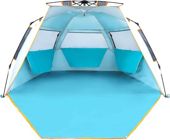 Snelle montage strandtent voor 3-4 personen, UPF 50+ UV-bescherming, familie-babystrandtent, parasol, draagbaar blauw van WolfWise