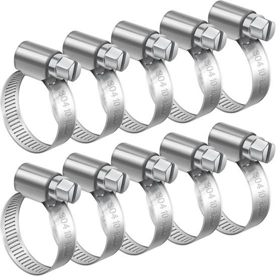 SnelShoppen - 10-16mm Verstelbare Slangklemmen, 10 Stuks RVS Wormschroefklemmen voor Slangverbindingen en Gasleidingen