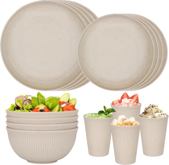 SnelShoppen - 16-delige Schokbestendige Servies Set voor 4 Personen, Herbruikbare Plastic Borden en Schalen, Lichtgewicht Tafelgerei voor Kamperen, Fe