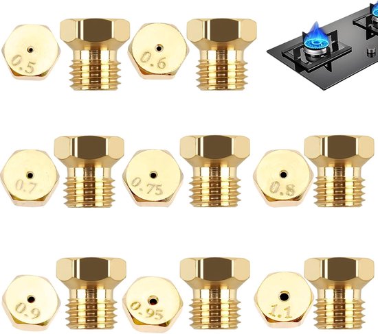 SnelShoppen - 16 Stuks Propaan Gasbrander Nozzles, 0.5/0.6/0.7/0.75/0.8/0.9/0.95/1.1mm Gas Nozzles, Messing Gasfornuis Nozzles voor Propaan Gas, M6×0.