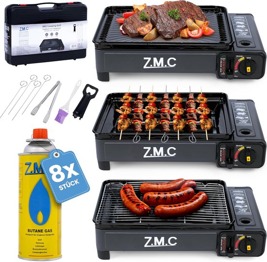SnelShoppen - 2-in-1 Gas Barbecue en Camping Kooktoestel met Piezo Ontsteking, Draagbare Tafelgrill en Gasfornuis met 8 x 227 g Gasflessen, Inclusief van Snelshoppen