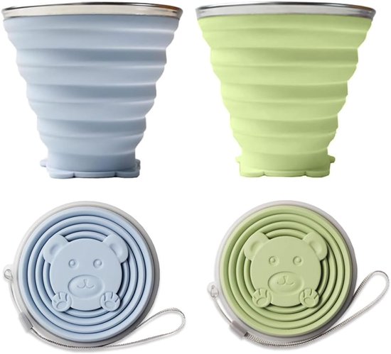 SnelShoppen - 2 Stuks Opvouwbare Siliconen Bekers met Deksel, Herbruikbare Reisbekers, 270ml, Lichtblauw en Matcha Groen, Perfect voor Kamperen, Pickn