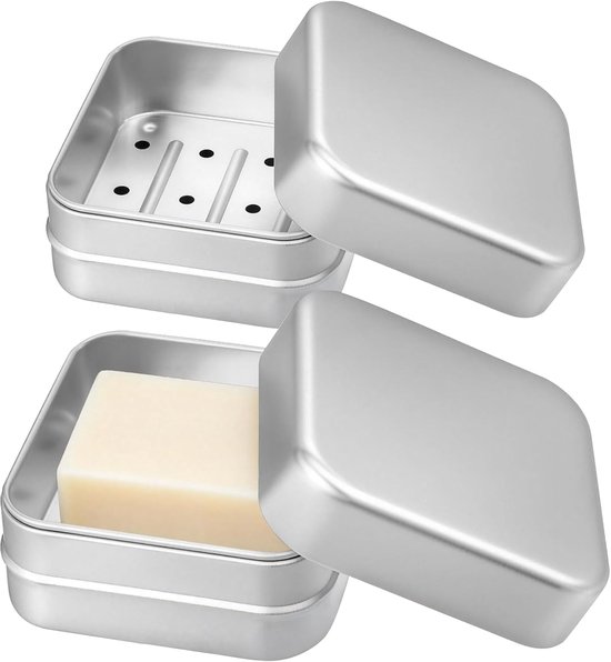 SnelShoppen - 2 x Aluminium Zeepdoos met Afvoer en Deksel - Roestvrij Staal, Compact en Lichtgewicht voor Camping, Reizen en Thuisgebruik