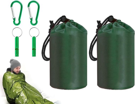 SnelShoppen - 2 x Waterdichte Nood Slaapzakken met Fluitje en Karabiner - Thermische Dekens Aluminium voor Camping en Hiking - Portable Thermische Tas