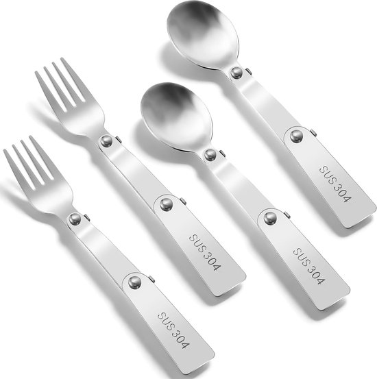 SnelShoppen - 4-delige inklapbare lepel- en vorkset roestvrij staal - draagbare reisbestekset voor camping, outdoor, picknick - opvouwbare lunchset vo