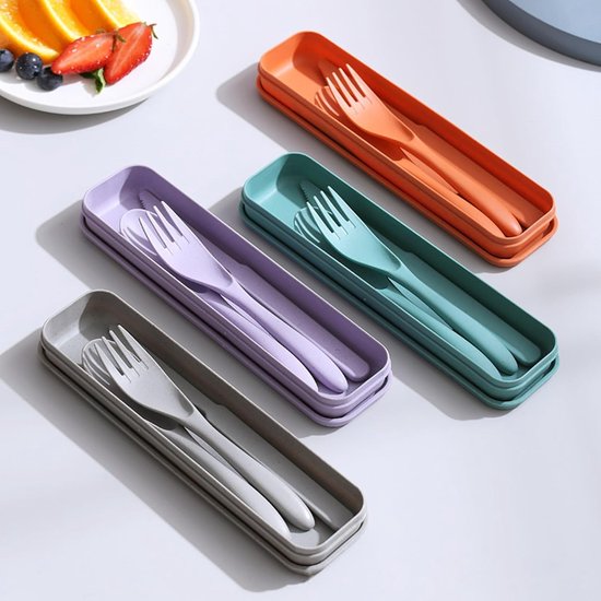 SnelShoppen - 4-delige Portable Travel Cutlery Set, Camping Bestek, Herbruikbare Plastic Bestekset met Mes, Lepel, Vork, Waterdichte Pouch, Minimalist