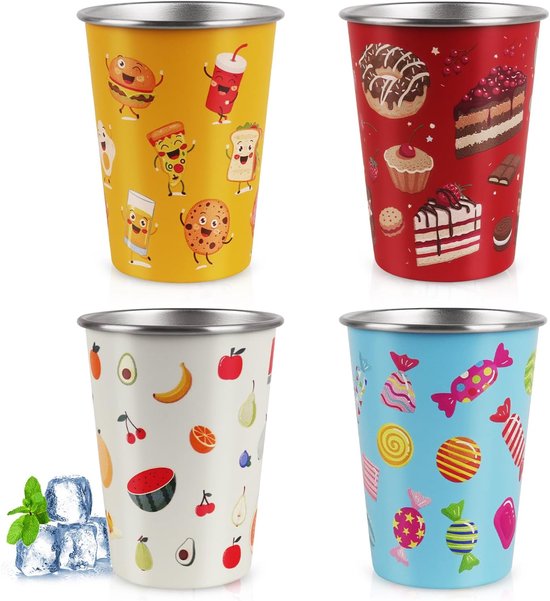 SnelShoppen - 4 Stuks RVS Kinderbekers 350ml - Herbruikbare Drinkbekers voor Kinderen - BPA-vrij, Roestvrij Staal, Met Opbergtas voor Jongens en Meisj