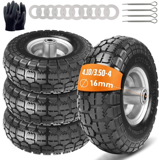 SnelShoppen - 4 Stuks Steekwagenwielen Massief Rubber 4.10, 3.50-4 - Reservewielen voor Bolderkar, 260 x 85 mm, Wielas 16 mm, Ideaal voor Tuin, Campin