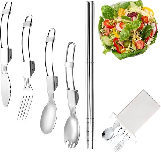 SnelShoppen - 5-delige Vouwbare Bestekset voor Camping, Outdoor, Picnic - Mes, Lepel, Vork, Eetstokjes, 2-in-1 Vorkhoes - Lichtgewicht, Ruimtebesparen