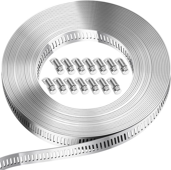 SnelShoppen - 5 Meter Endless Hose Clamp Set, RVS 304, Verstelbare Slangklemmen, 12 Clips voor Tuinslang, Zwembadslang, Gasleiding, DIY Toepassingen van Snelshoppen