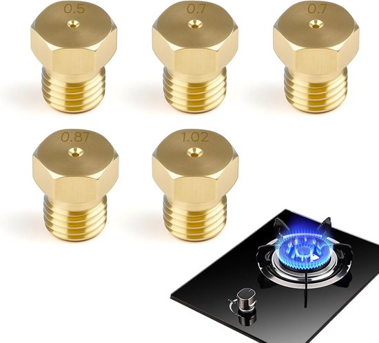 SnelShoppen - 5 Universele Butaangassproeiers Injectoren Set voor Fornuis en Kookplaat, Ombouwset van Stadsgas naar Butaan, 0,5/0,7/0,87/1,02 mm, Veil