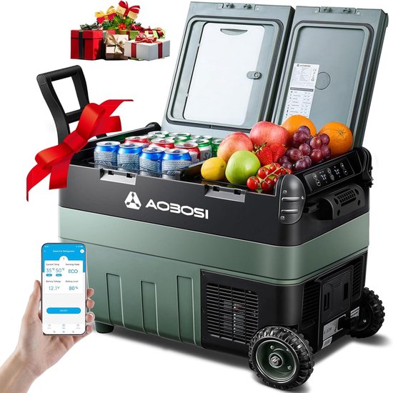 SnelShoppen - 50L Compressor Koelbox - Dual Zone Camping Koelkast met App, LED-verlichting, 12/24V en 100-240V, USB-aansluiting, -20°C tot 20°C, Koelb