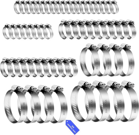 SnelShoppen - 60-delige Slangenklemmen Set, 6-51mm RVS 304 Slangklemmen, Verstelbare Slangklemmen voor Wasmachine, Zwembad, Brandstofslang, Tuin en Ke