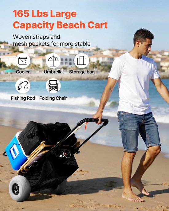 SnelShoppen - Beach Dolly Zandkar met Grote Ballonwielen, 20,1 x 14,6 Inch Laaddeck, 175 lbs Capaciteit, Opvouwbare Zandkar met Verstelbare Hoogte van