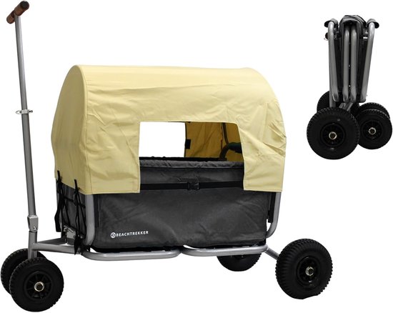 SnelShoppen - Beachtrekker Vouwbare Handkar met Rem + Zonnenscherm (Zwart, Luchtbanden) voor Camping, Strand, Tuin en Kinderen