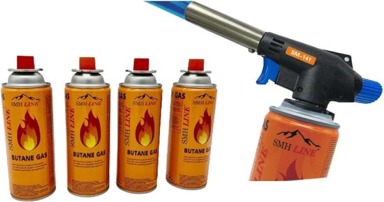 SnelShoppen - Branderopzetstuk Butaan met 4 Gaspatronen, Bunsenbrander, Soldeerbrander, Flambeerapparaat voor Keuken en Camping