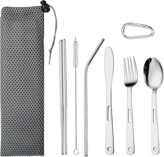 SnelShoppen - Camping Bestek Set 8-Delig RVS - Inclusief Mes, Vork, Lepel, Rietje, Eetstokjes, Carabiner en Etui - Ideaal voor Kamperen, Hiken en Reiz